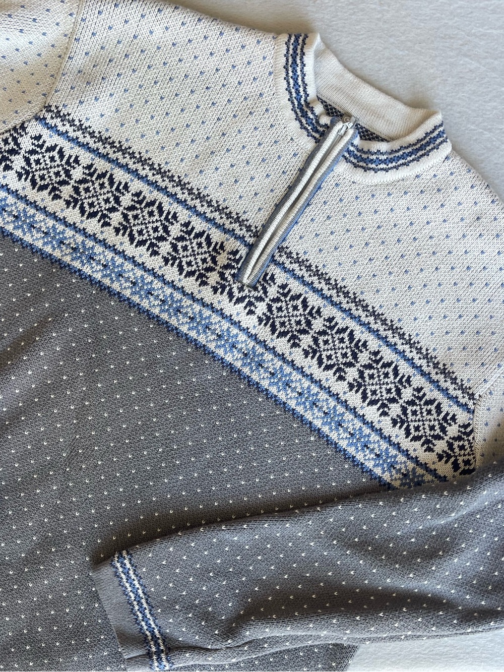 Hanna Andersson Men’s M Nordic Fair Isle Quarter Zip Sweater Blue Gray Cotton